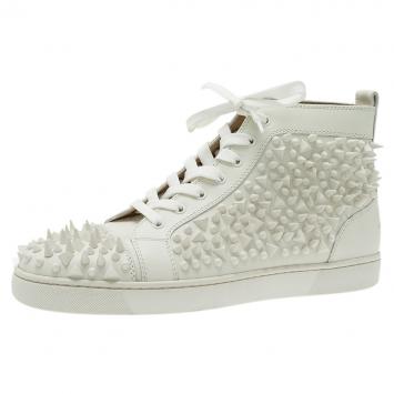 Pre Owned Christian Louboutin White Leather Louis Spikes Lace Up High Top Sneakers Size 43.5