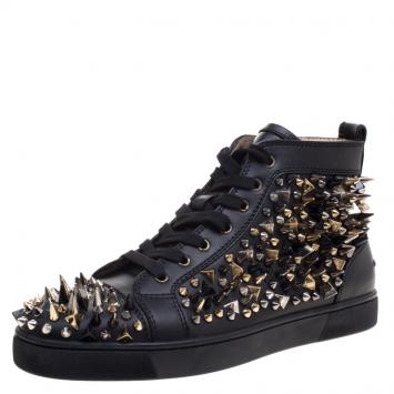 Pre Owned Christian Louboutin Black Leather Louis Spikes Lace Up High Top Sneakers Size 41