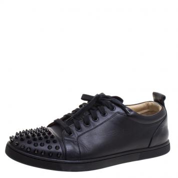 Pre Owned Christian Louboutin Black Leather Gondolaclou Spike Lace Up Sneakers Size 42.5
