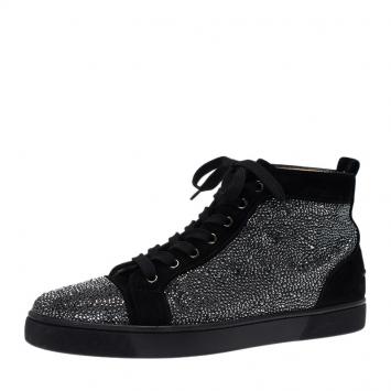 Pre Owned Christian Louboutin Black Strass Suede Louis High Top Sneakers Size 43