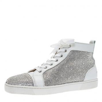 Pre Owned Christian Louboutin White Strass Leather Louis High Top Sneakers Size 43