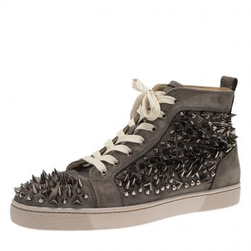 Pre Owned Christian Louboutin Grey Multi Level Spiked Suede Pik Pik Louis High Top Sneakers Size 43