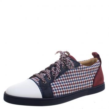 Pre Owned Christian Louboutin Two Tone Leather And Checkered Fabric Low Top Sneakers Size 43.5