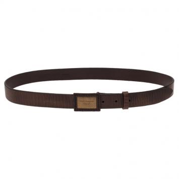 Pre Owned Dolce and Gabbana Brown Leather Continuity Logo Plaque Belt Size 95 