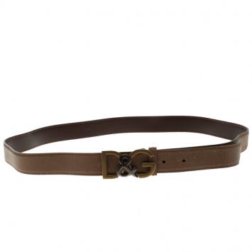 Pre Owned Dolce and Gabbana Brown Leather D&G Buckle Belt 110 CM