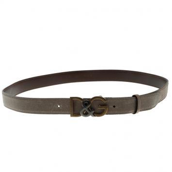Pre Owned Dolce and Gabbana Grey Leather D&G Buckle Belt 110 CM