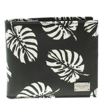 Pre Owned Dolce and Gabbana Black Leaf print Leather Bifold Wallet