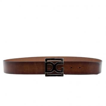 Pre Owned Dolce and Gabbana Brown Leather Logo Buckle Belt Size 100 CM