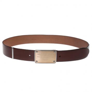 Pre Owned Dolce and Gabbana Brown Leather Logo Plaque Belt 90CM