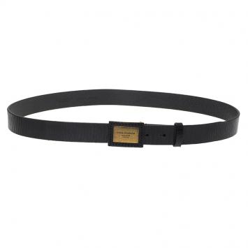 Pre Owned Dolce and Gabbana Black Leather Plaque Buckle Belt 100CM