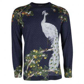Pre Owned Dolce and Gabbana Navy Blue Peacock Printed Long Sleeve T-Shirt XXL