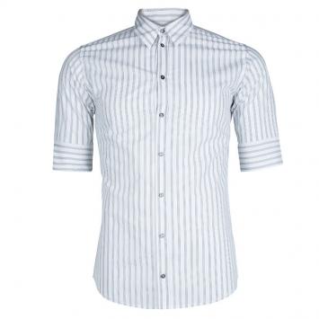 Pre Owned Dolce and Gabbana White Striped Cotton Three Quarter Sleeve Buttondown Shirt M