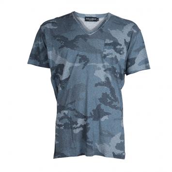 Pre Owned Dolce and Gabbana Blue Camouflage Print V-Neck T-shirt XL