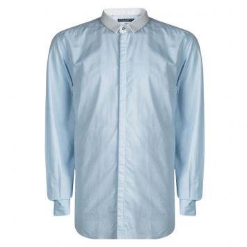 Pre Owned Dolce and Gabbana Martini Blue Textured Cotton Contrast Collar Long Sleeve Shirt 4XL