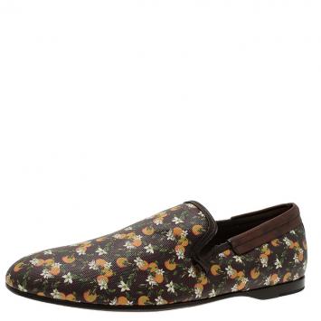 Pre Owned Dolce and Gabbana Brown Leather and Orange Print Canvas Amalfi Slip On Size 44 