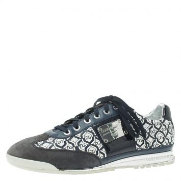 Pre Owned Dolce and Gabbana Navy Blue Suede and Leather Logo Printed Sneakers Size 44