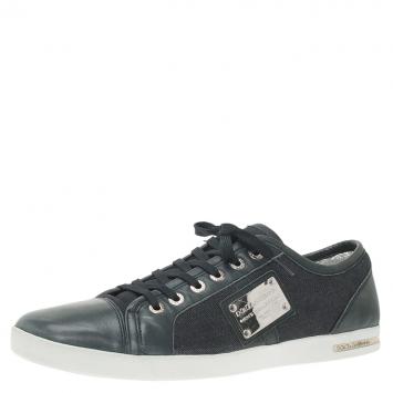 Pre Owned Dolce and Gabbana Blue Leather and Denim Logo Plaque Sneakers Size 45