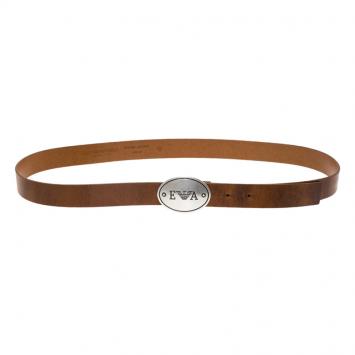 Pre Owned Emporio Armani Brown Leather Logo Plaque Belt 105CM