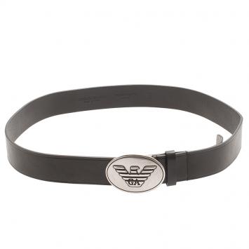 Pre Owned Emporio Armani Black Leather Logo Buckle Belt 105 CM