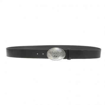 Pre Owned Emporio Armani Black Leather Logo Buckle Belt 115 CM