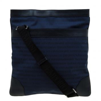 Pre Owned Emporio Armani Blue/Black Fabric and Leather Logoed Messenger Bag