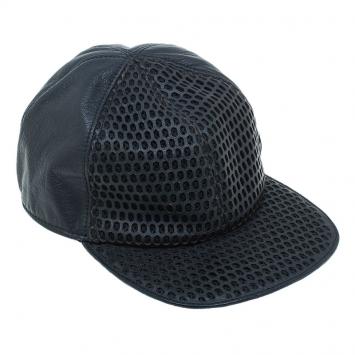 Pre Owned Emporio Armani Black Leather Cutout Baseball Cap M