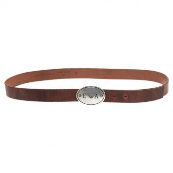 Pre Owned Emporio Armani Brown Leather Logo Belt 100CM