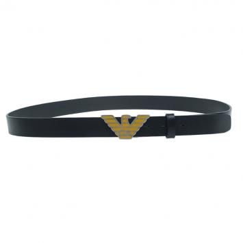 Pre Owned Emporio Armani Black Leather Eagle Buckle One Size Belt 
