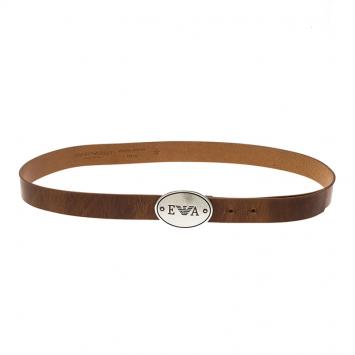 Pre Owned Emporio Armani Brown Leather Logo Belt 95CM