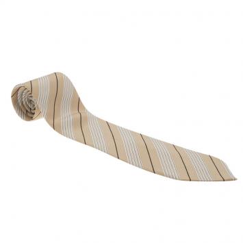 Pre Owned Ermenegildo Zegna Beige Brown and White Striped Silk Tie