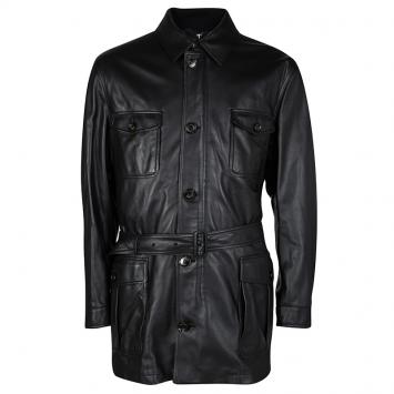 Pre Owned Ermenegildo Zegna Black Lambskin Leather Belted Jacket and Vest Set 6XL