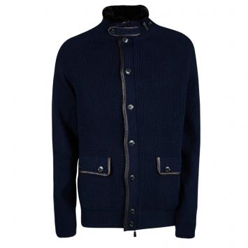 Pre Owned Ermenegildo Zegna Navy Blue Chunky Knit Leather Trim Fur Collar Jacket 4XL