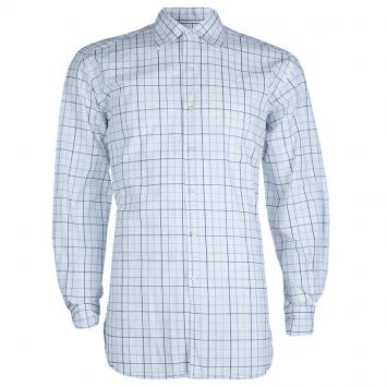 Pre Owned Ermenegildo Zegna White and Blue Checked Long Sleeve Buttondown Cotton Shirt XL