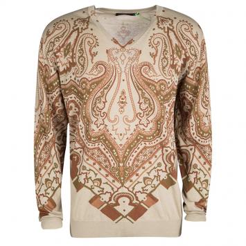 Pre Owned Etro Beige Paisley Print V-Neck Sweater XL