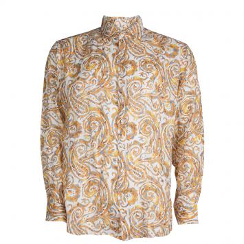 Pre Owned Etro Orange Paisley Printed Linen Long Sleeve Button Front Shirt XL