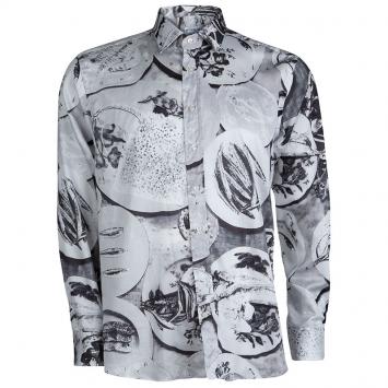Pre Owned Etro Monochrome Fish Plate Print  Long Sleeve Button Front Cotton Shirt L