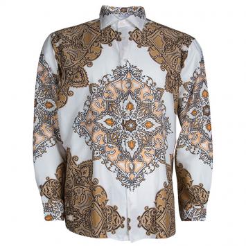 Pre Owned Etro Brown and White Printed Long Sleeve Buttondown Cotton Shirt XL