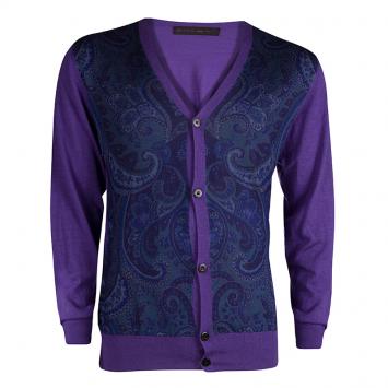 Pre Owned Etro Purple Paisley Printed Button Front Cardigan XL