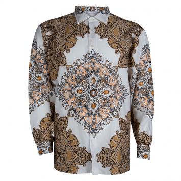 Pre Owned Etro Brown and White Printed Long Sleeve Buttondown Cotton Shirt 2XL