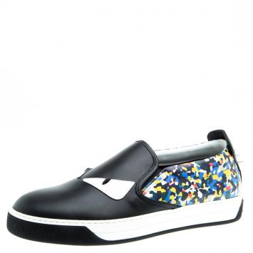 Pre Owned Fendi Black Studded Printed Leather Monster Slip On Sneakers Size 42