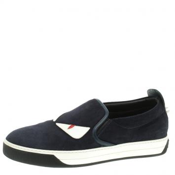 Pre Owned Fendi Navy Blue Suede Monster Slip On Sneakers Size 42