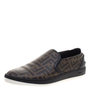 Pre Owned Fendi Brown Zucca Coated Canvas Slip On Sneakers Size 45