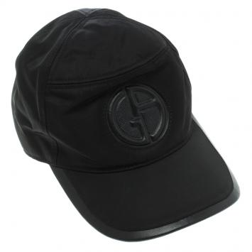 Pre Owned Giorgio Armani Black Embossed Logo Detail Leather Trim Baseball Cap M ( Size 57 )