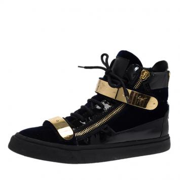 Pre Owned Giuseppe Zanotti Navy Blue Velvet and Black Leather Coby High Top Sneakers Size 43