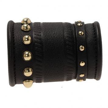 Pre Owned Givenchy Gold Tone Studs Embossed Black Leather Extra Wide Cuff Bracelet 