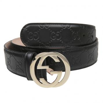 Pre Owned Gucci Black Guccissima Leather Interlocking GG Buckle Belt 85CM