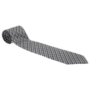 Pre Owned Gucci Black Grey Monochrome Micro-Check Woven Silk Tie