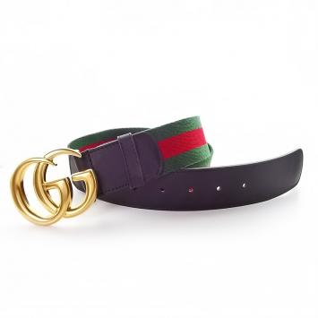 Pre Owned Gucci Black Leather and Web Detail Double G Buckle Belt 105CM