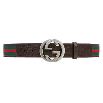 Pre Owned Gucci Black Leather and Web Detail Interlocking GG Buckle Belt 100CM