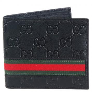 Pre Owned Gucci Black Guccissima Leather and Web Detail Bi-Fold Wallet